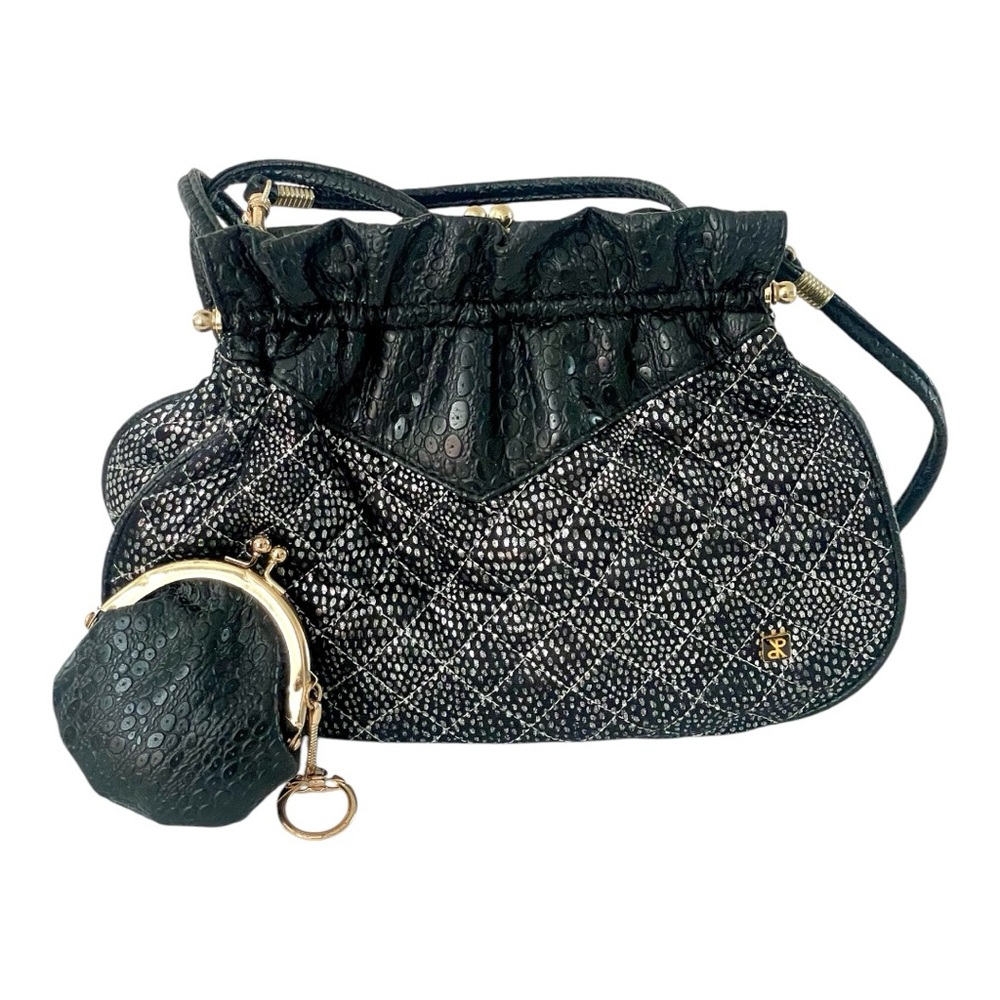 Vintage Black Faux Snakeskin Textured Leather Women's 80s crossbody shoulder Bag